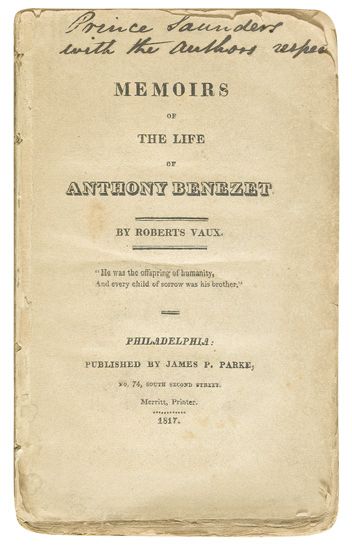 (SLAVERY AND ABOLITION.) VAUX, ROBERTS. Memoirs of the Life of Anthony Benezet.